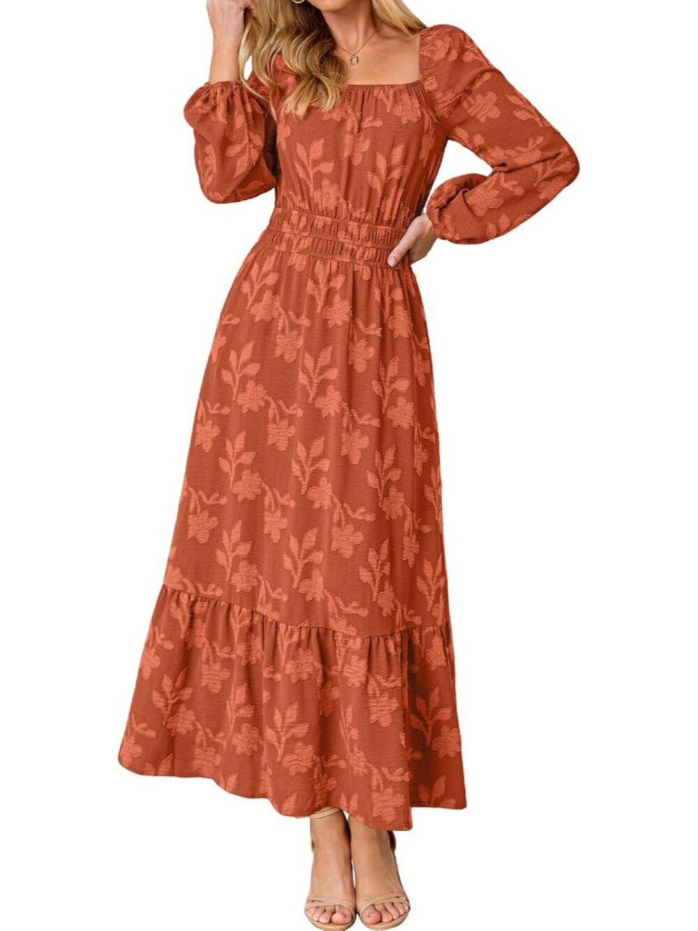 🆕 Women's Orange Long Sleeve Square Neck High Waist Boho Casual Maxi Dress